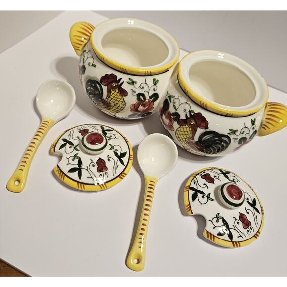 Early Provincial Rooster And Roses Ucago Jam Jelly Pots W/ Spoons Hand Painted - Picture 3 of 9